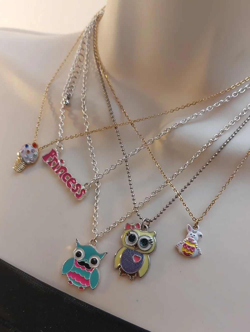 Bundle Lot Of 5 Kids Themed Necklaces Owl Princess Ice Cream Easter Bunny